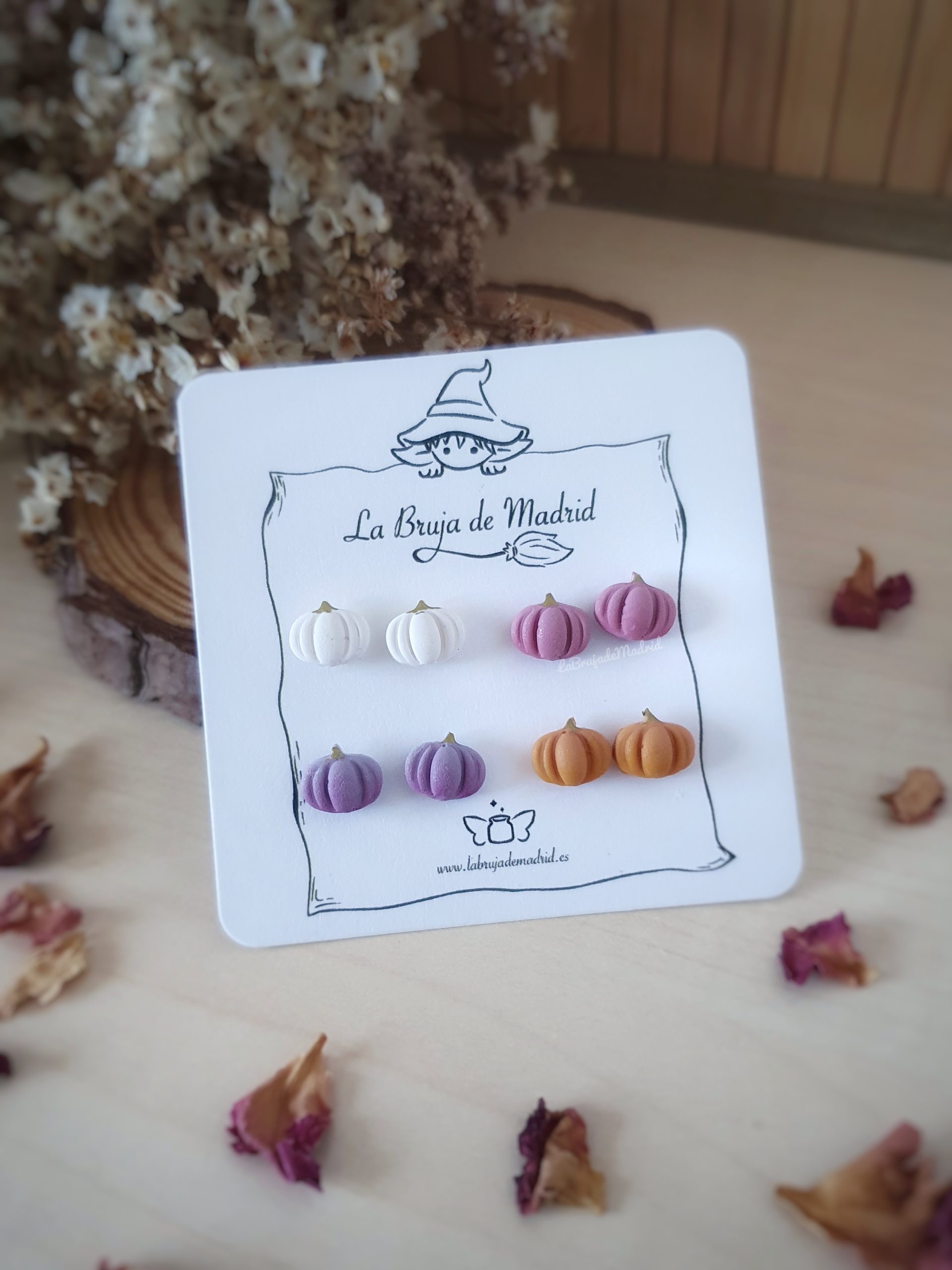 Tarjeta con 4 pares de mini calabazas en varios olores: Blanco, lila, rosa y naranja