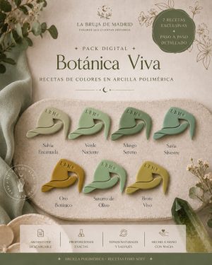 Portada del pack digital Botánica Viva con recetas de color para arcilla polimérica. Incluye 7 recetas paso a paso para crear tonos verdes naturales utilizando FIMO Soft.