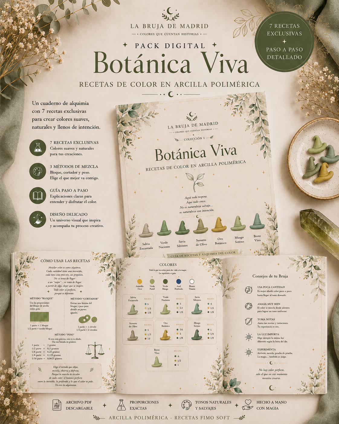 Vista interior del pack digital Botánica Viva con recetas de color para arcilla polimérica. Muestra el cuaderno abierto, las recetas paso a paso, los colores verdes de la colección y la guía de mezclas con FIMO Soft.